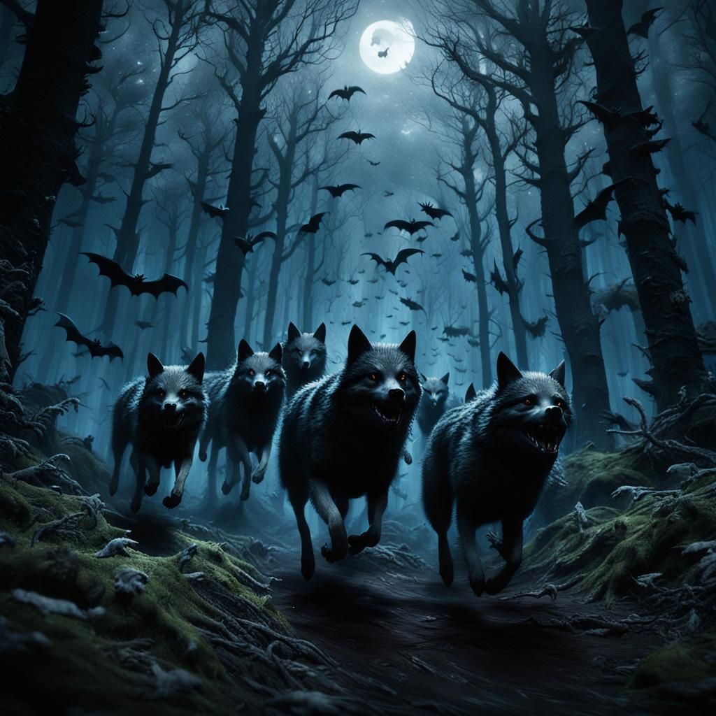 Mystical Wolfpack in Dark Gothic Forest