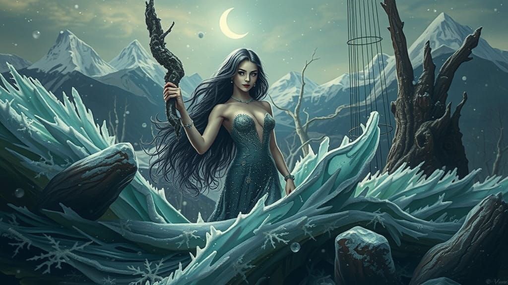 Winter Goddess Emerges from Crystal Frost in Ethereal Beauty