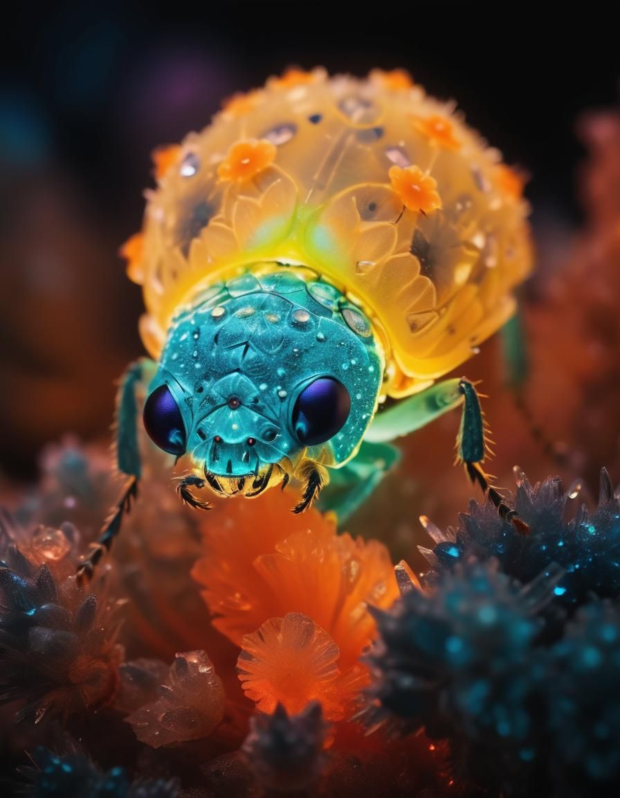 Fluorescent Pineapple Bug Among Crystals