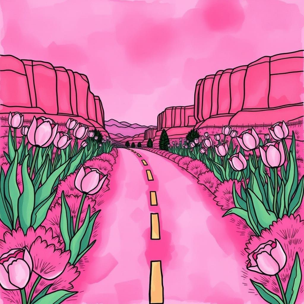 Pink Grand Canyon Road With Tulips In Ink Drawing Style