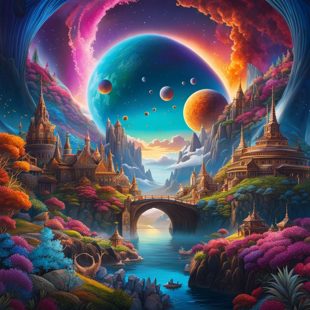 Surreal Dreamscape with Floating Islands and Rainbows