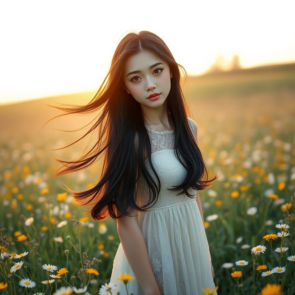 Japanese Woman in Wildflower Field at Dawn