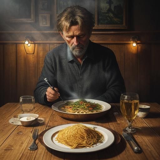 Hyperrealistic Pasta on Wooden Table, Oil Painting