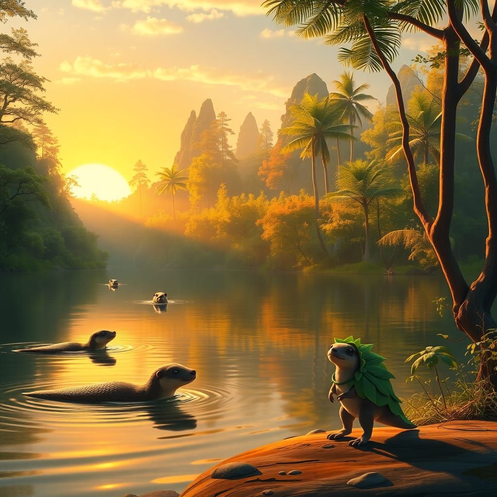Jurassic Lake at Sunrise with Baby Raptor