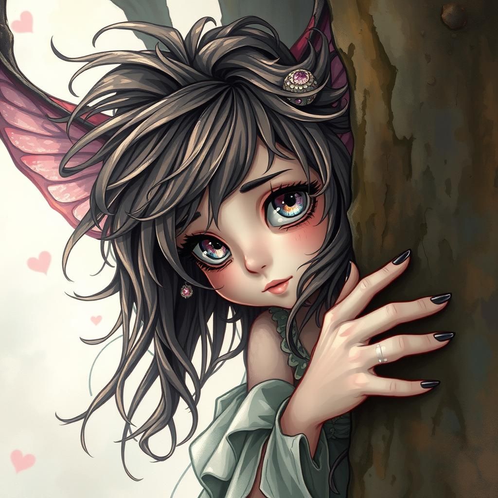 Boho Punk Fairy Peeking Around a Tree