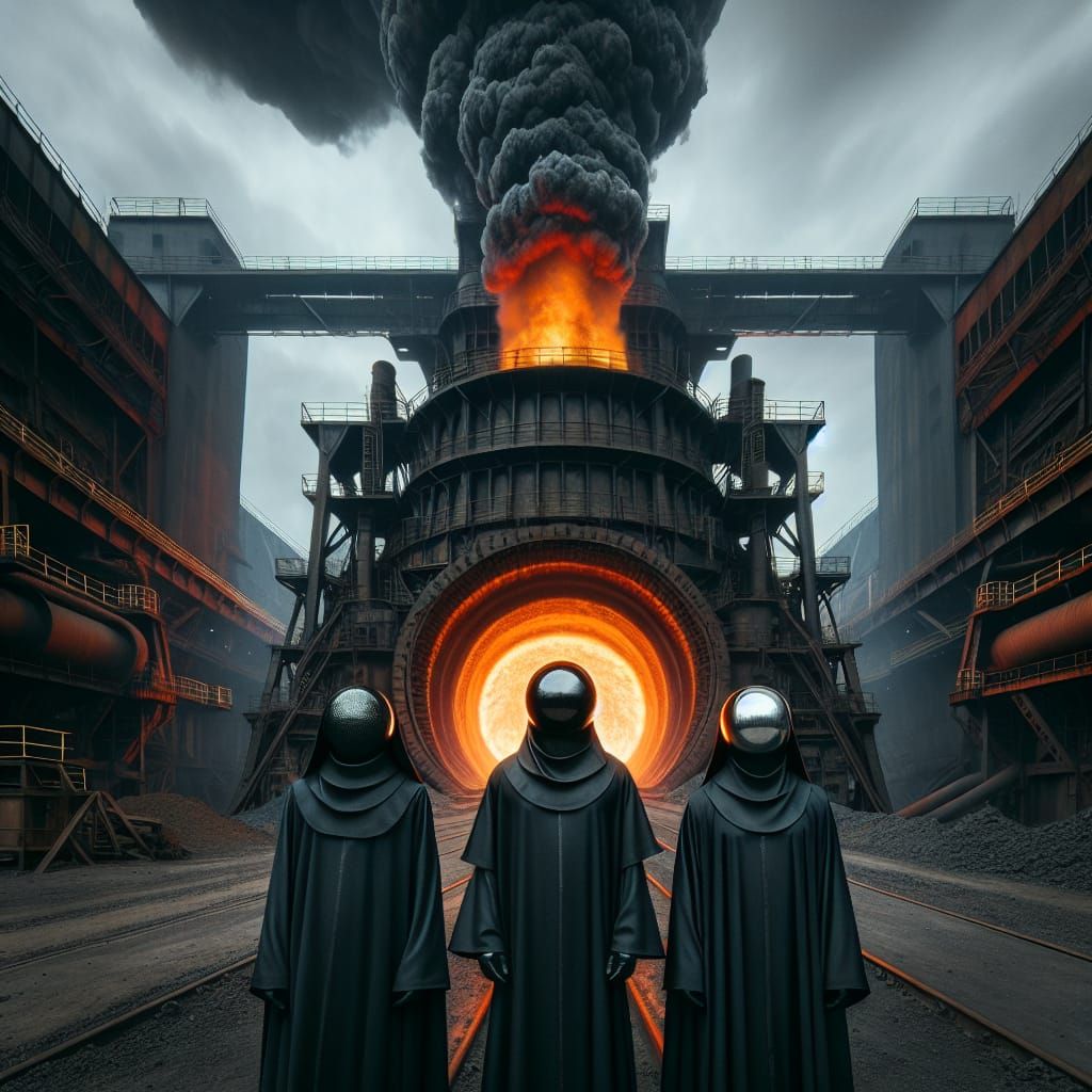 Figures Before Industrial Furnace in Gloomy Setting