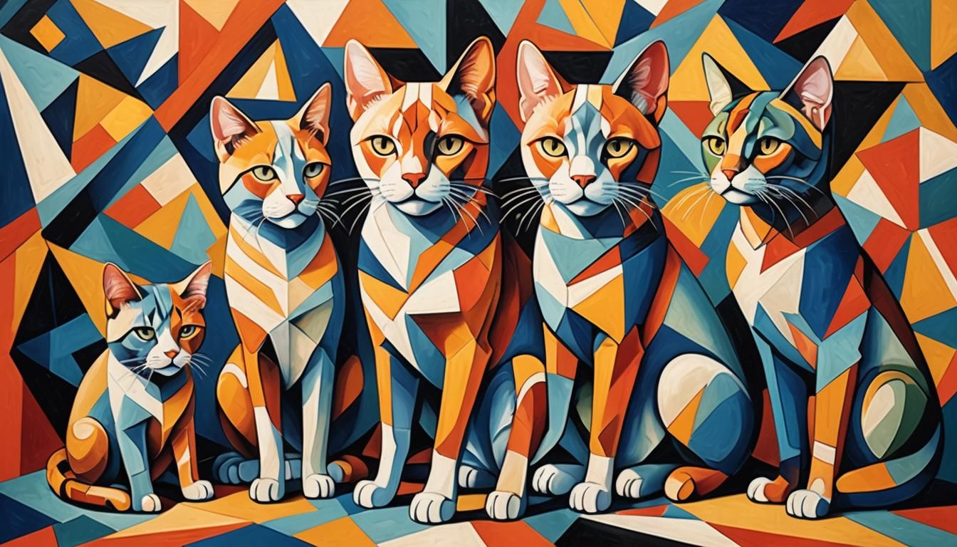 Cubist Dog and Cat Conversation in Neo-Cubism Style