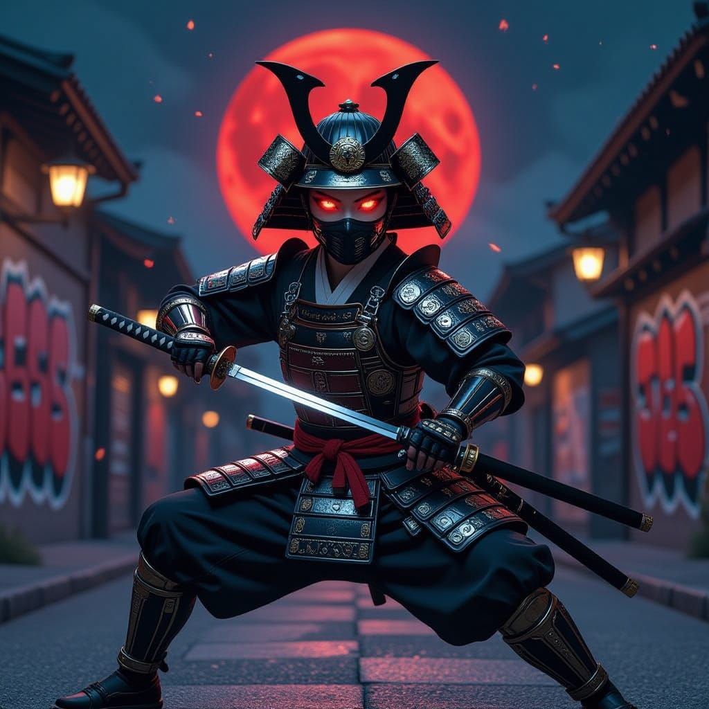 Female Samurai in Action Under Red Moon