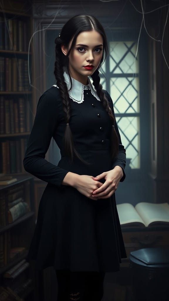 Wednesday Addams in Victorian-Era Study