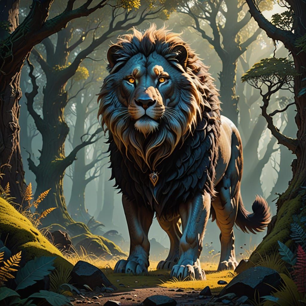 Regal Lion Wolf Hybrid in Vibrant, Dreamlike Environment
