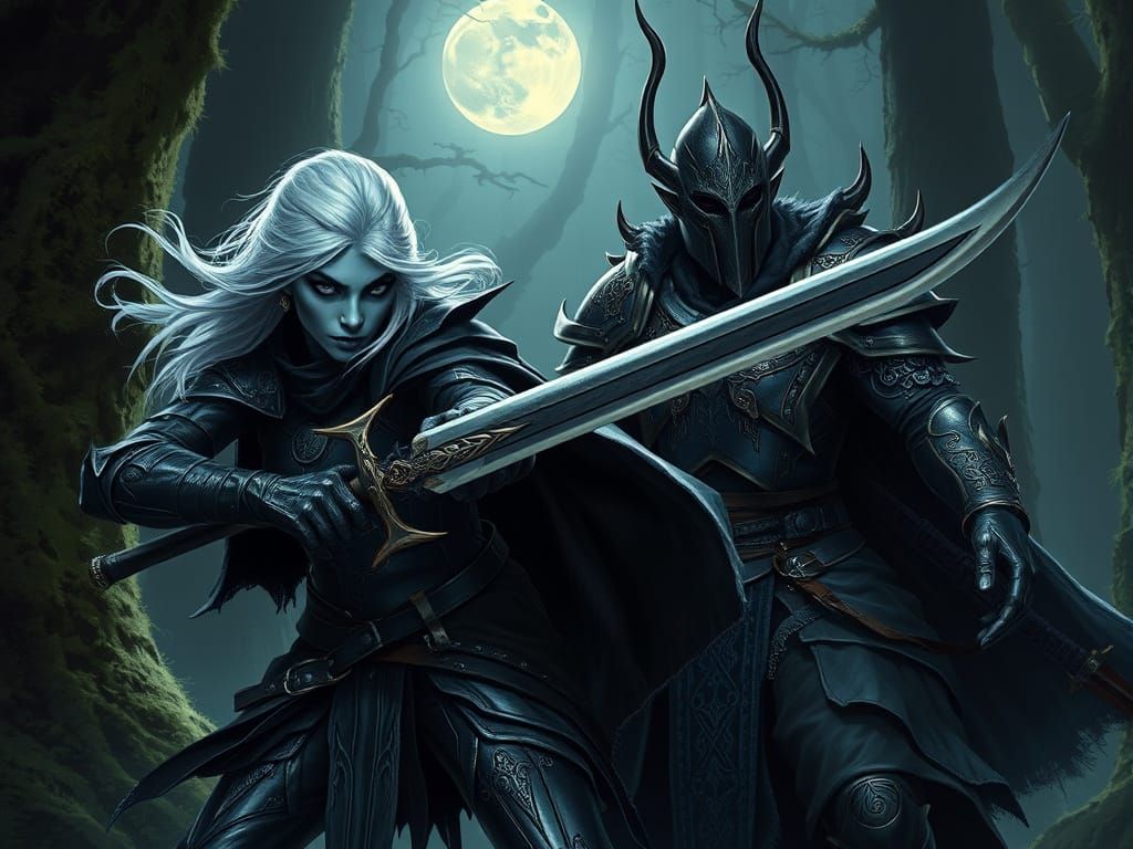 Drow Warrior Duel in Moonlight: Photorealistic Oil Painting