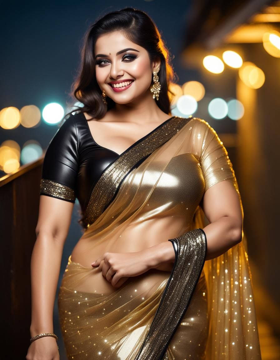 Attractive Woman in Golden Saree Under Moonlight