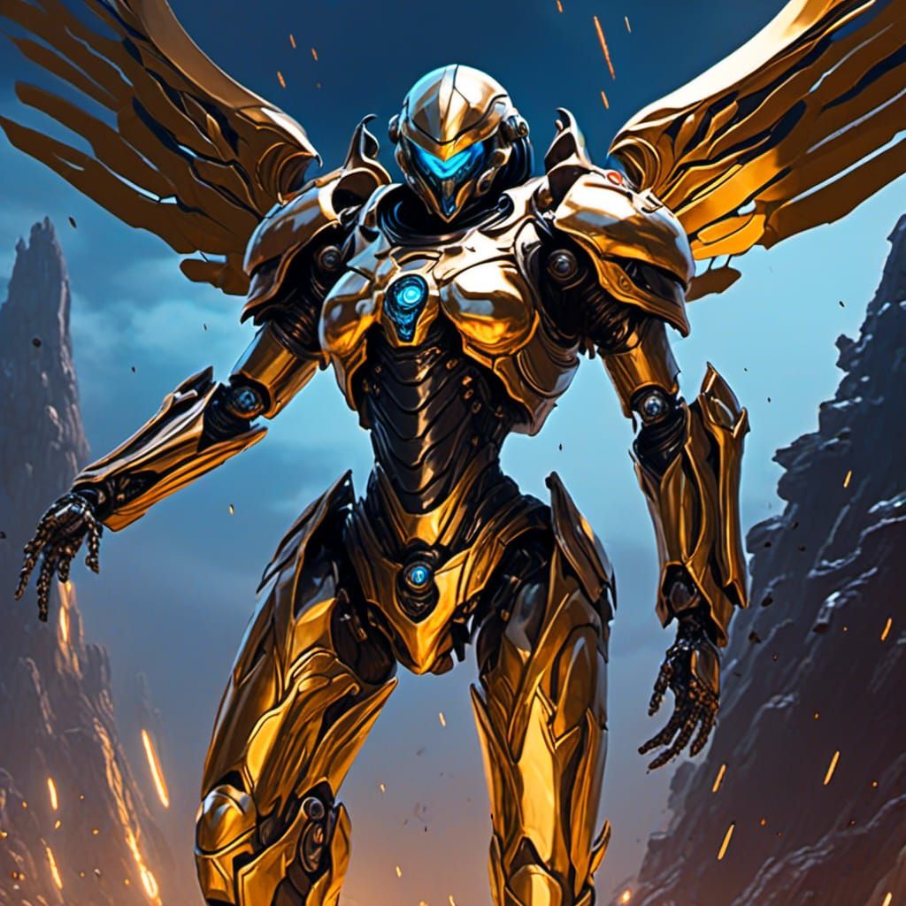 Flying Robot in Gold Armor Concept Art