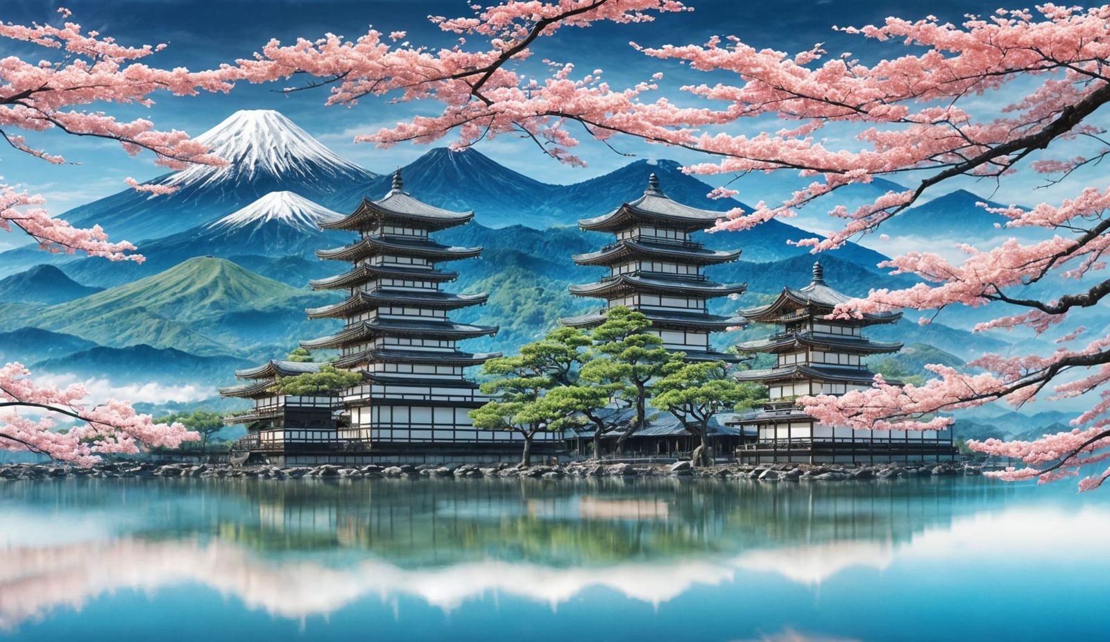 Hyperrealistic Japanese Lake with Cherry Blossoms