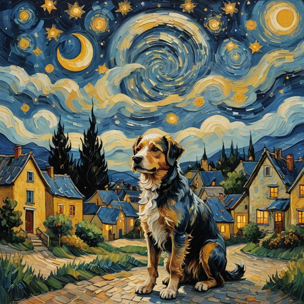 Dog Gazing at Starry Night as Post-Impressionist Painting
