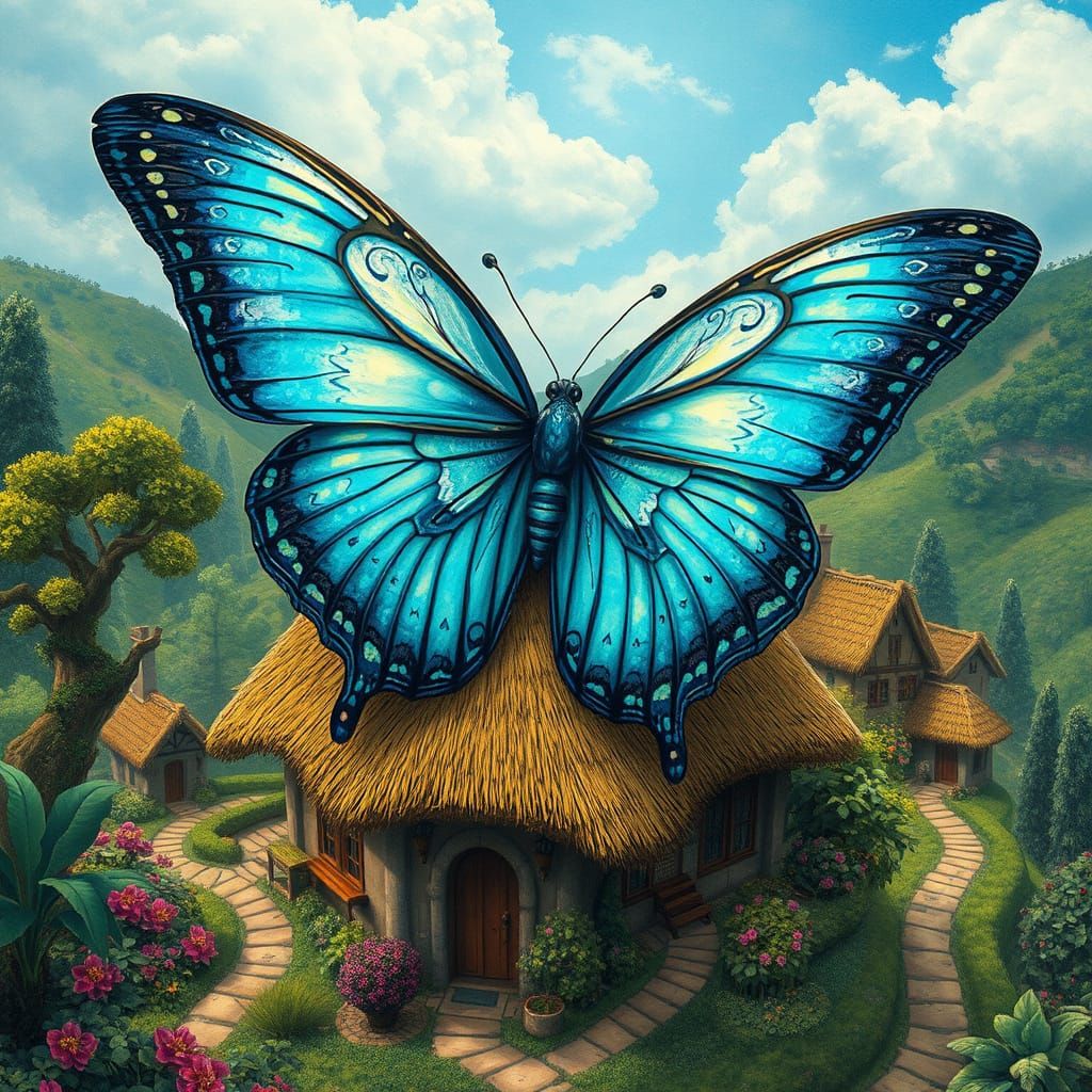 Surreal Giant Butterfly Lands on Whimsical Village