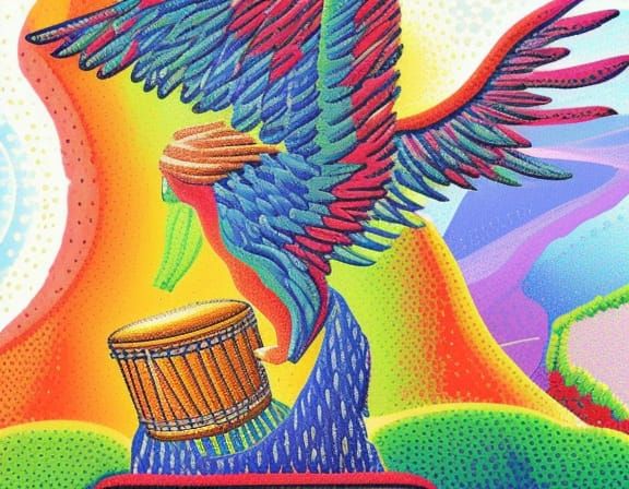 Drum Set on Mountain with Eagle, Pointillism Art
