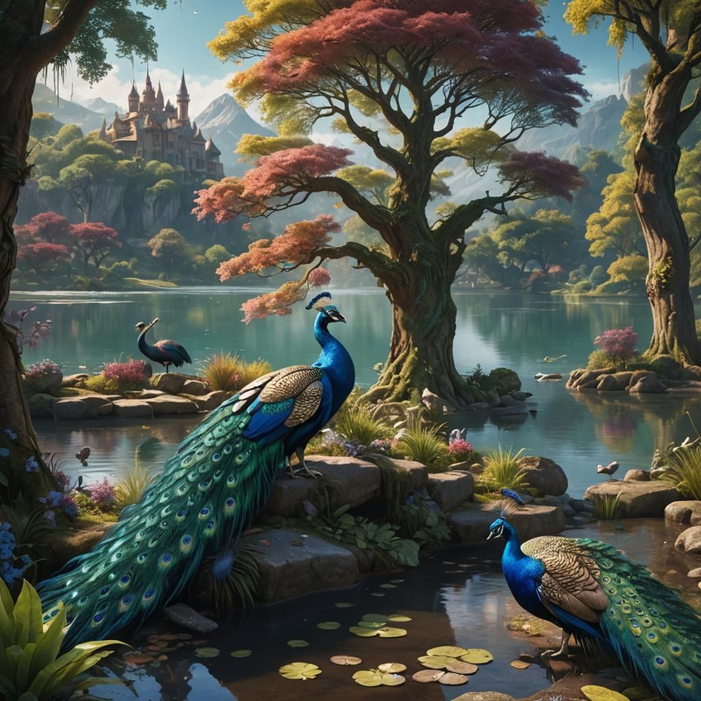 Fantastical Peacocks by the Lake: Detailed Matte Painting