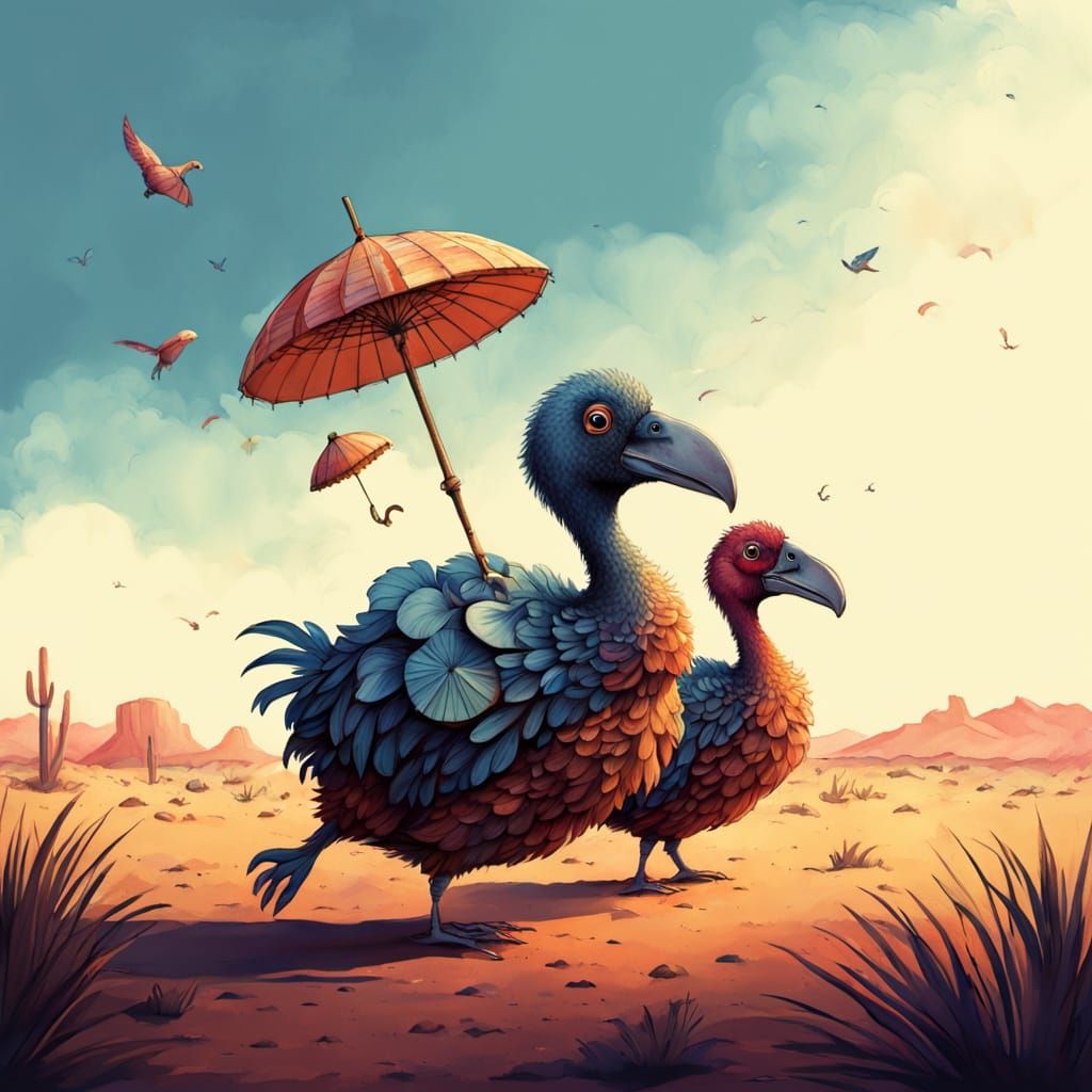 Dodo Birds in Desert with Parasols: Whimsical Illustration