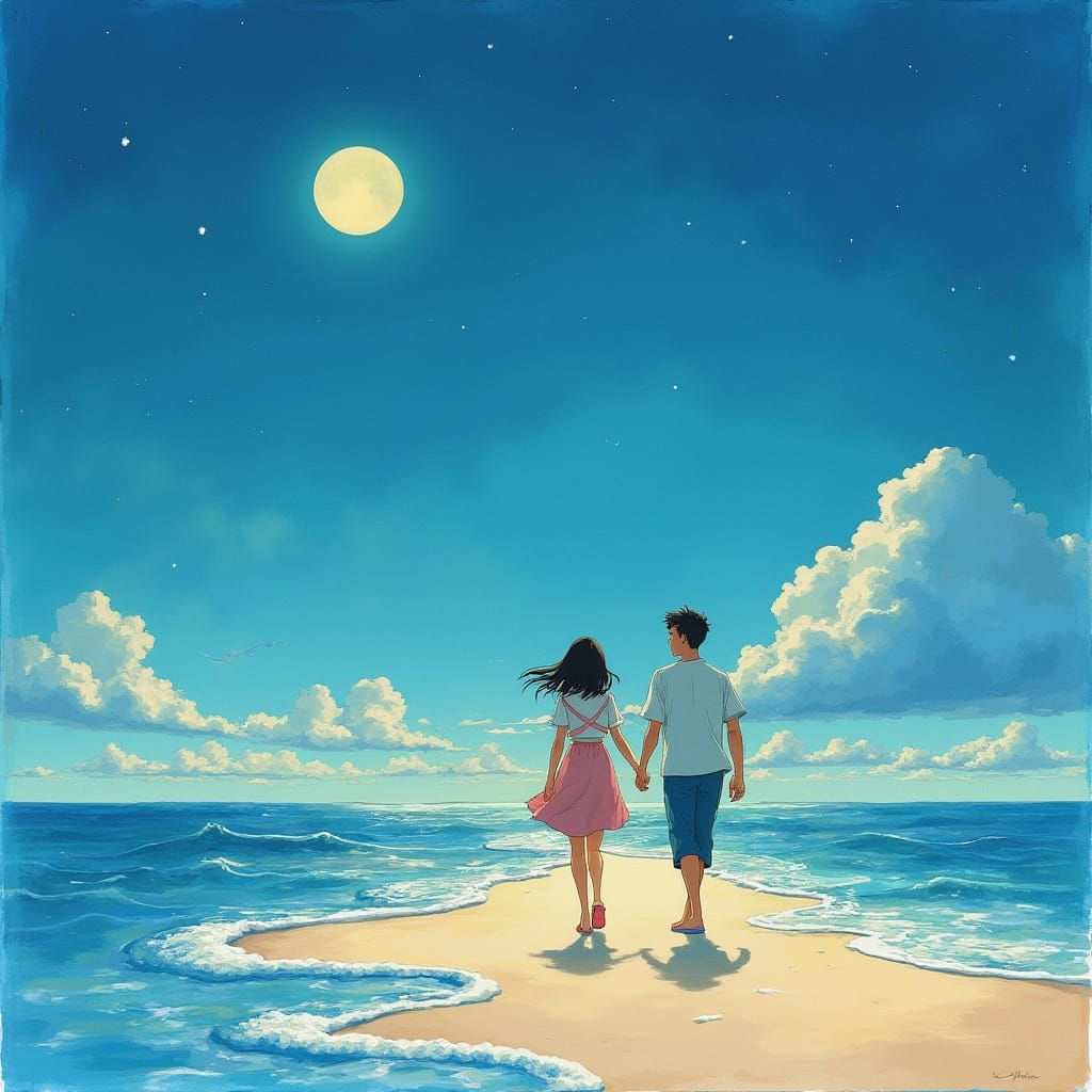 Lovers on Moonlit Beach in Ghibli Style
