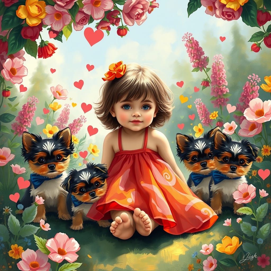 Whimsical Girl and Toy Yorkies in a Vibrant Impressionist Ga...