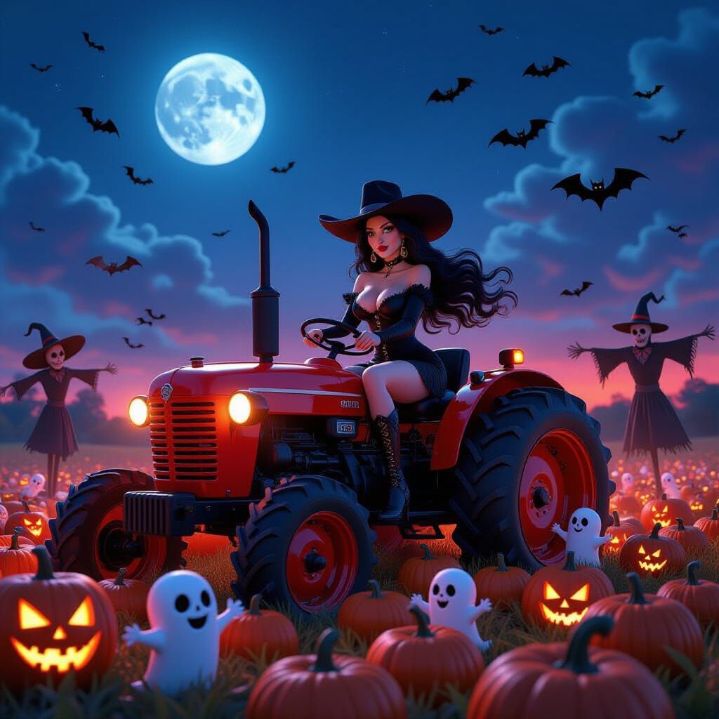 Gothic Woman Rides Red Tractor Through Spooky Pumpkin Patch