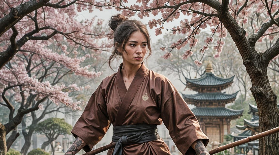 Tattooed Warrior Monk Training in Temple Garden