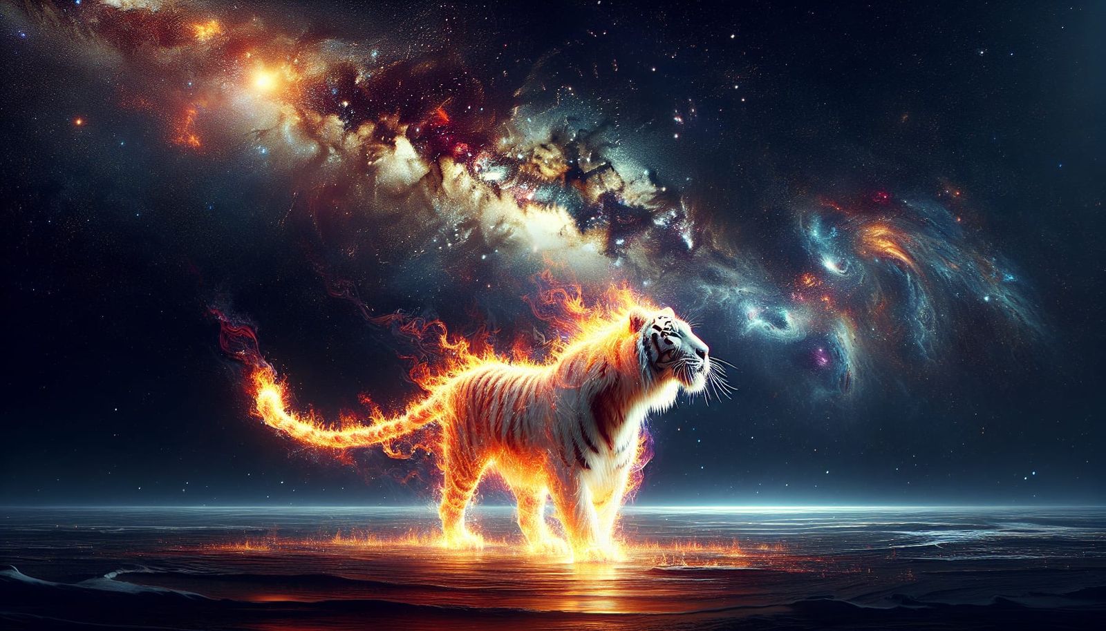 Flaming White Tiger in a Cosmic Landscape