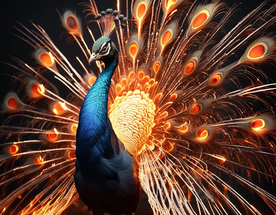 Molten Metal Peacock with Fiery Sparks in 3D