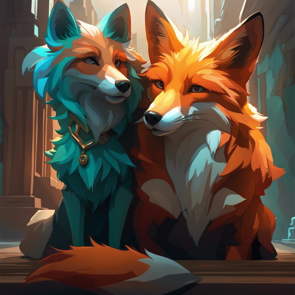 Fox and Dog Hugging: Detailed Digital Art