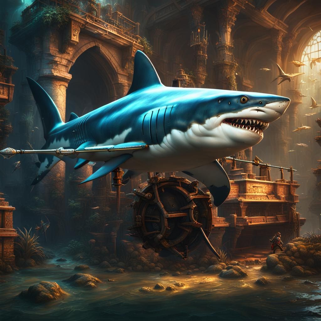 Shark Hunter in Fantastical Underwater Ruins