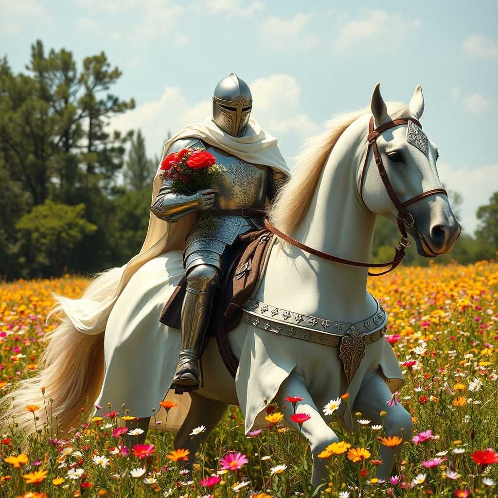 Gallant Knight Rides Horse Through Vibrant Wildflowers in Su...