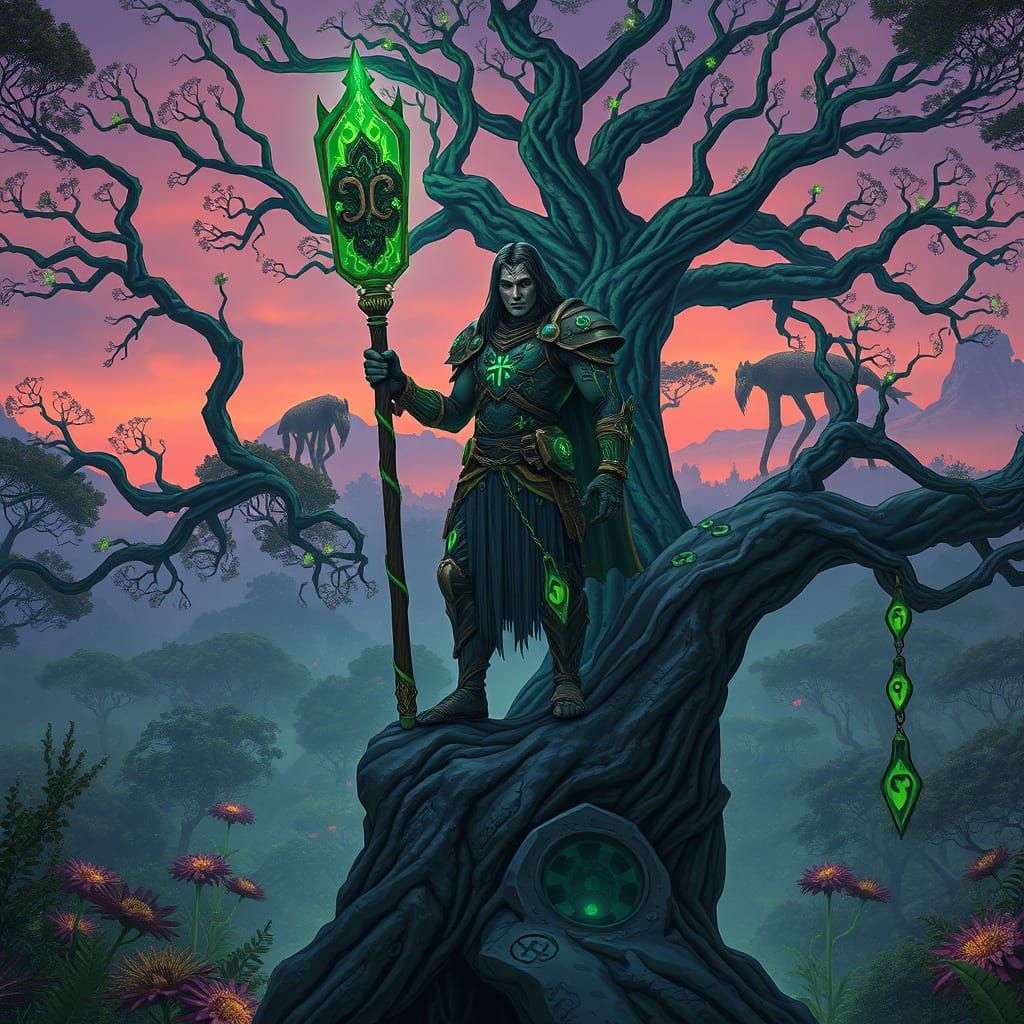 Futuristic Druid in Bioluminescent Forest, Digital Art