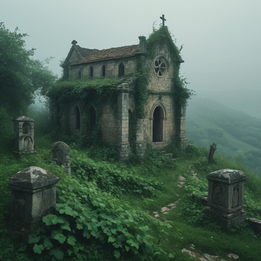 Misty Chapel: Romantic Overcast Landscape