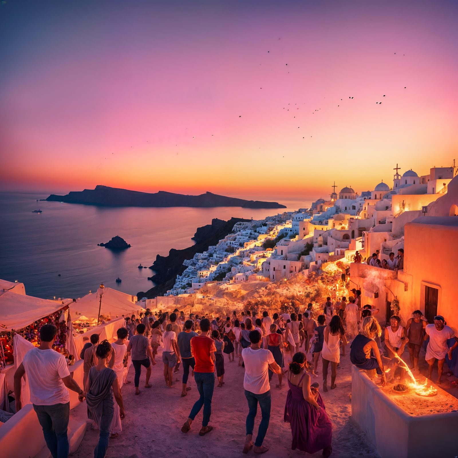 Santorini Festival at Sunset in Soft HDR