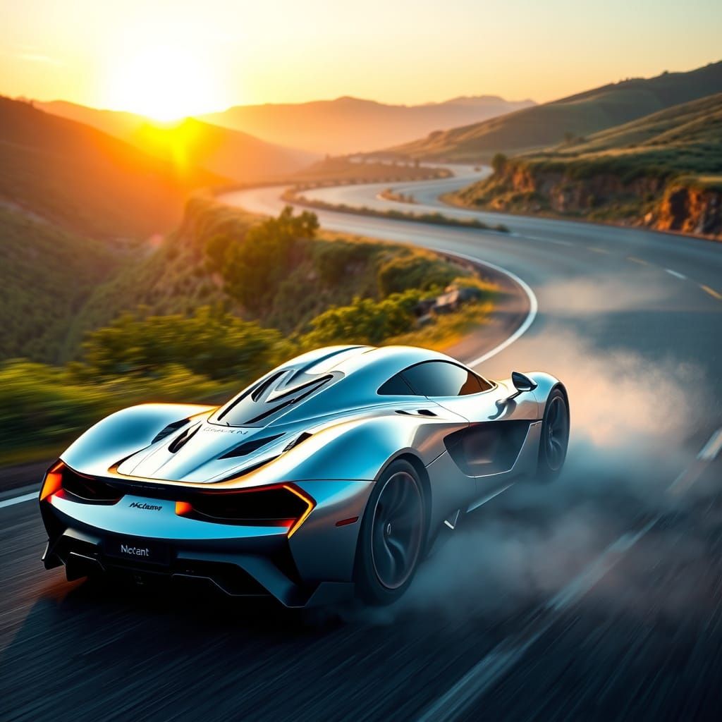 Sleek Electronic McLaren Speeds Down Deserted Road at Sunris...