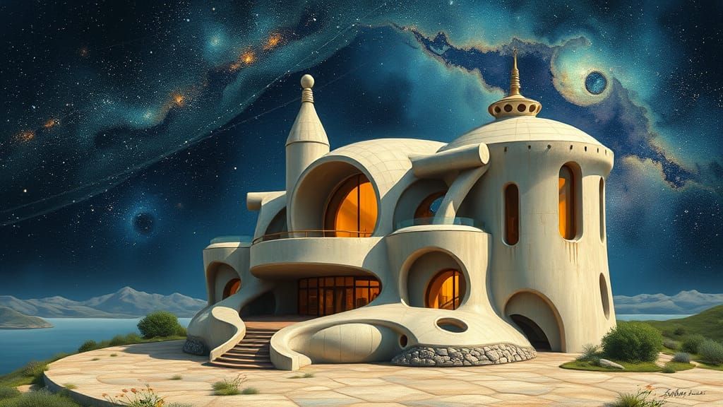 Majestic Futuristic Abode in Whimsical Aquarelle Style