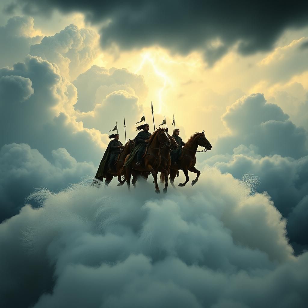 Majestic Horse Riders Above Storm as Cinematic Film Still