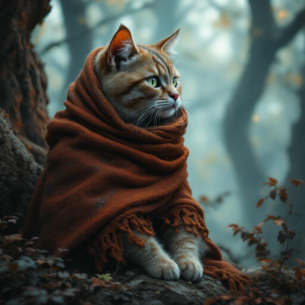 Wool-Wrapped Knight's Cat in Dreamlike Forest