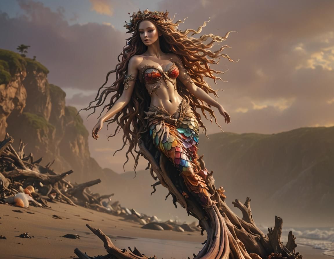 Driftwood Mermaid Sculpture on Beach at Golden Hour