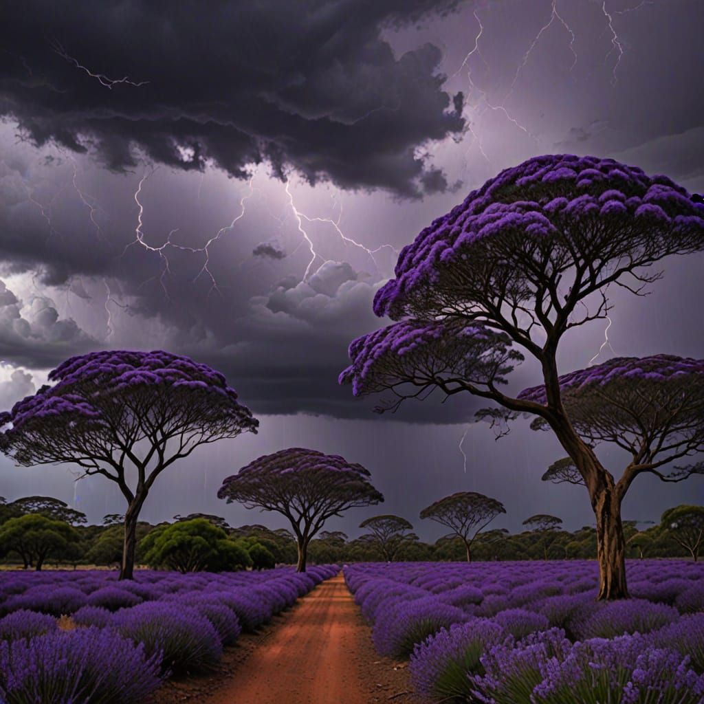 Glowing Jacaranda Trees Under Stormy Night Sky