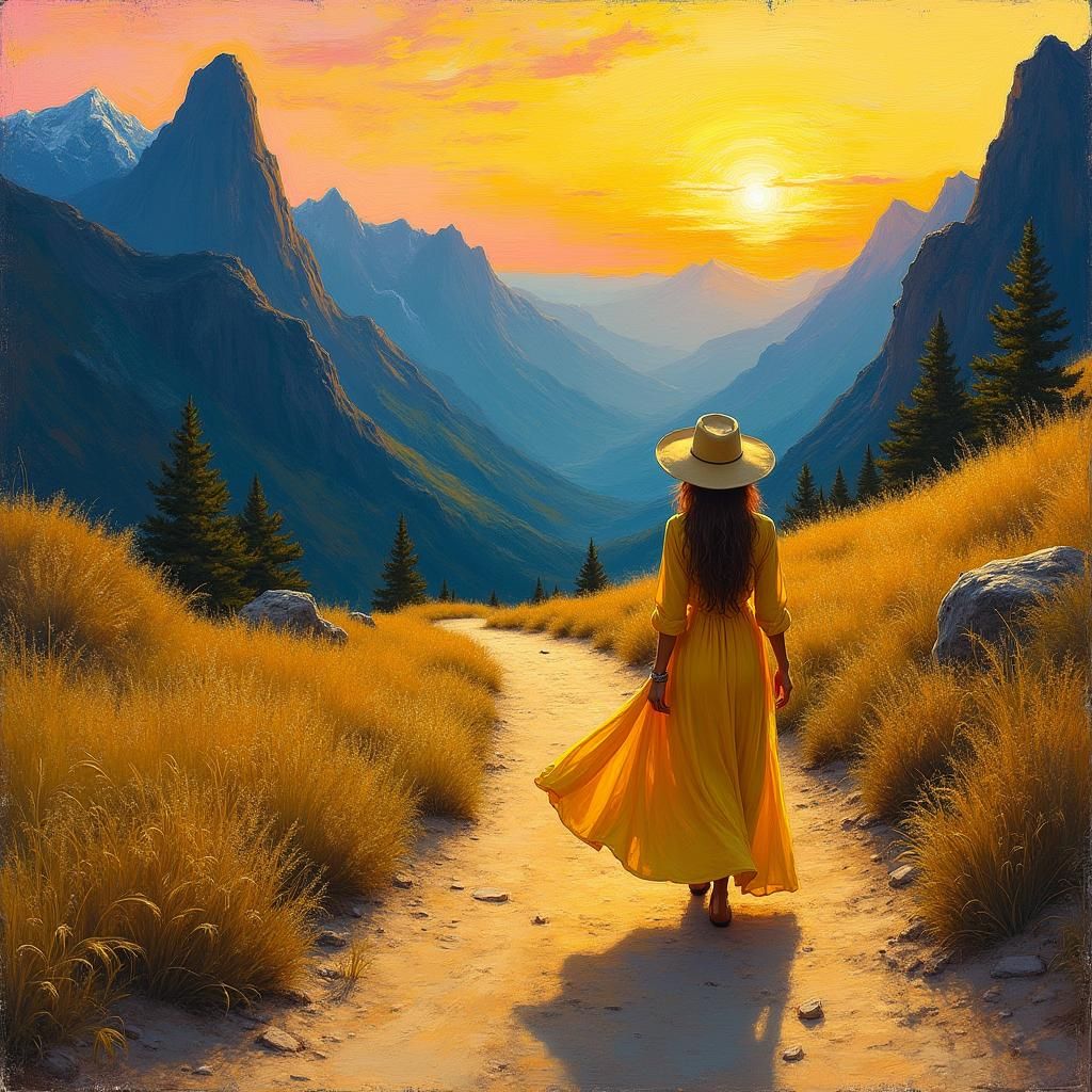 Woman Walking at Sunset: Impressionistic Digital Painting