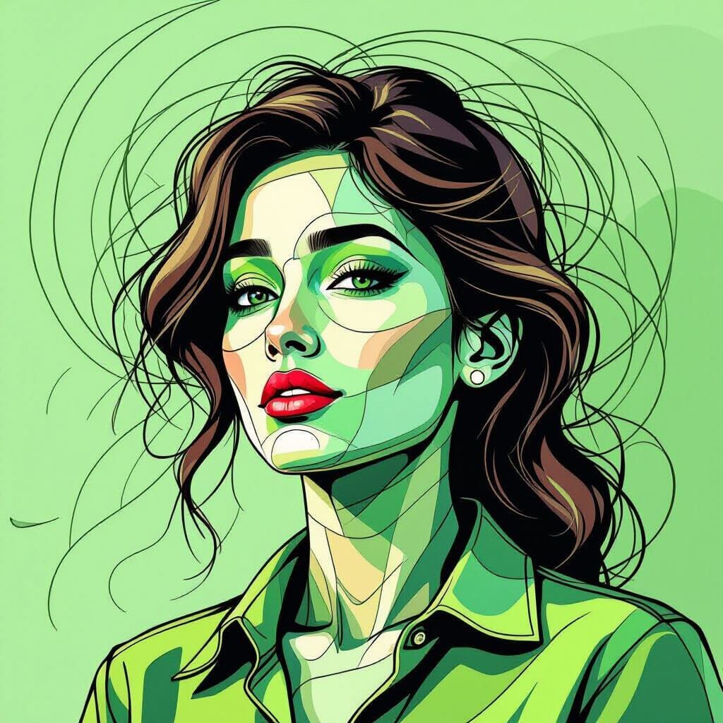 Woman Formed by Bold Green Lines and Swirls