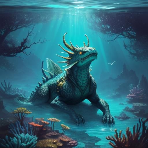 Oceanic Dragon-Dog Hybrid Portrait in Turquoise and Gold