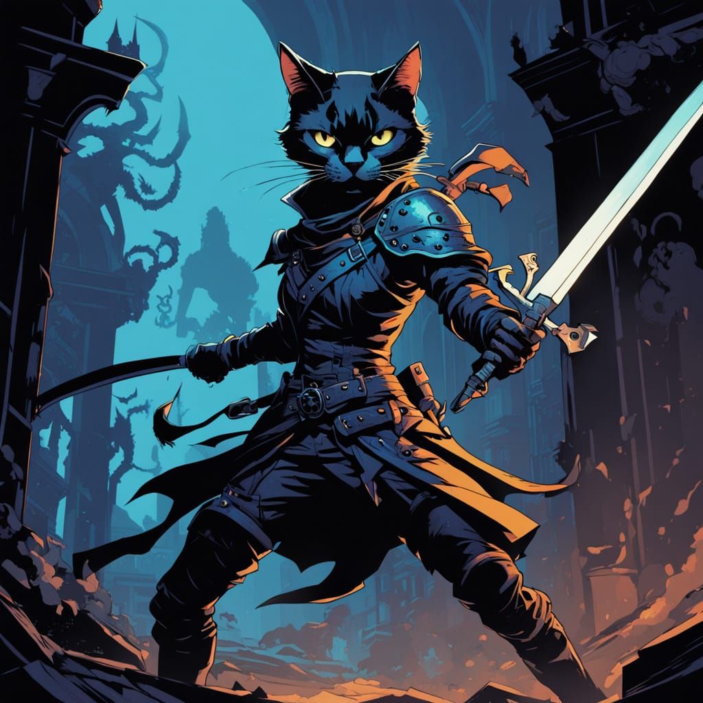 Feline Rogue Adventurer in High Contrast Ink Drawing