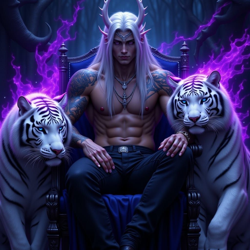 Drow Prince on Throne with White Tigers in Fantasy Art Style