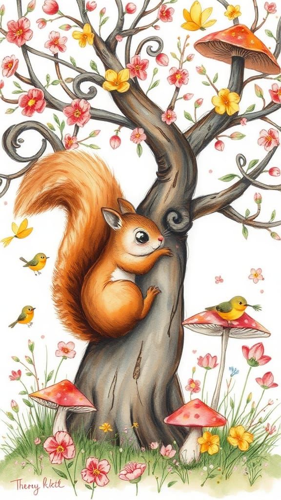 Sketch-style illustration of a whimsical, quirky funny squirrel clinging to the branches of a spring tree, mushrooms, bi...