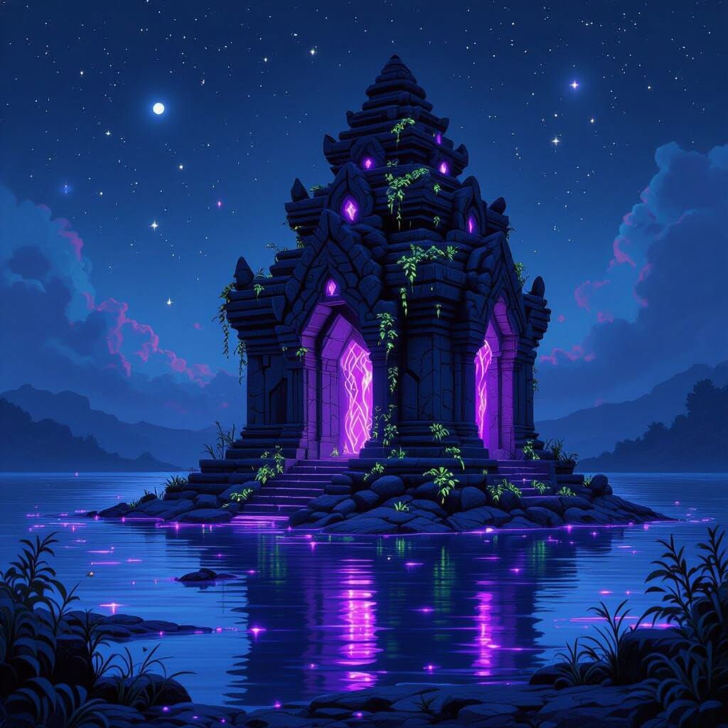 Luminous Temple Rises from Starlit Lake