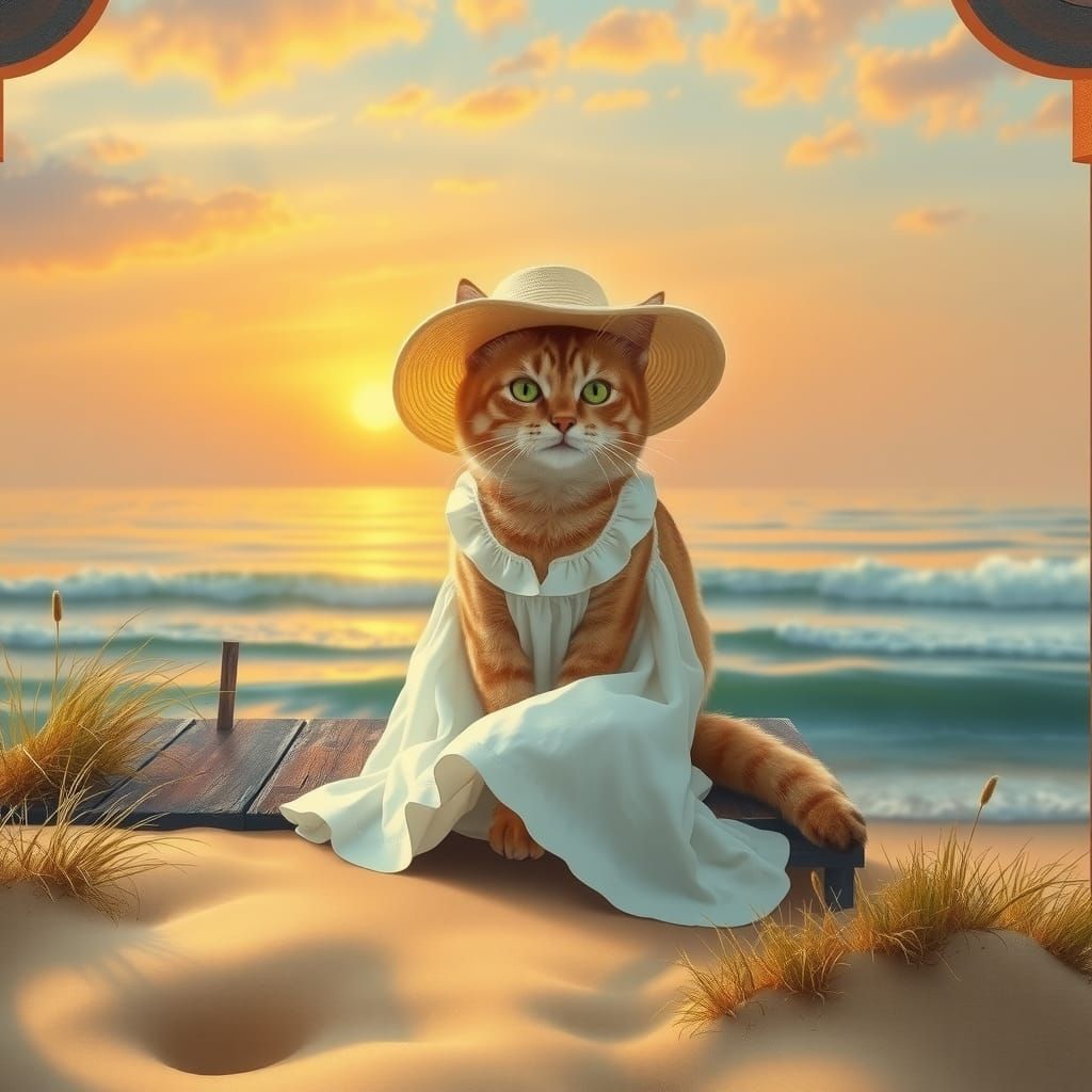 Cat in Sundress at Sunset, Dreamy Illustration