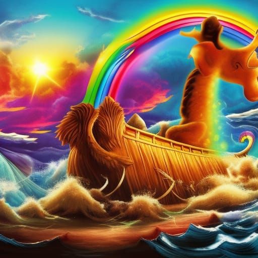 Hyperrealistic Noah's Ark with Animals and Rainbow